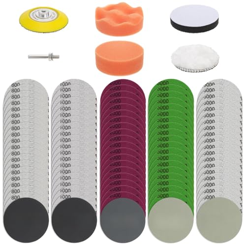 Hacaroa 106 Pcs 3 Inch Sanding Discs Wet Dry Sandpaper Headlight Restoration Kit 800 1000 2000 3000 5000 Grit Silicon Carbide Hook & Loop Sand Paper Drill Polishing Kit for Car Wood Metal