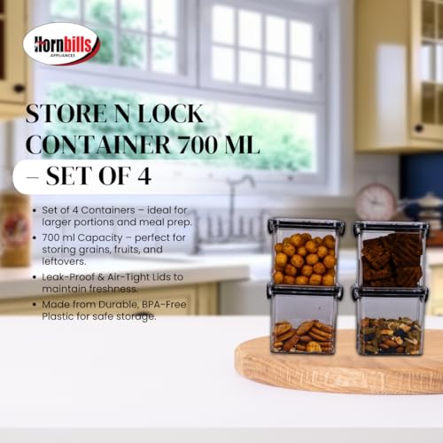 Image of HORNBILLS Seal & Lock Airtight Food Storage Containers Set - 700ml (Pack of 4) | Kitchen Organizing Accessories | Leakproof, BPA Free & Food Grade Material Plastic Boxes For Kitchen & Fridge Organizer