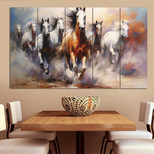 Image of Spacter 7 Horses Wall Painting for Living Room Big Size - 7 Running Horses Painting Vastu for Bedroom, Office, Hotel - Wall Decor Digital Painting Wooden Framed for Gifting (30x60inch)