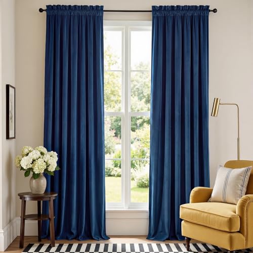 Image of Extra Long Dark Blue Velvet Curtains Rod Pocket 52x108 Inch 2 Panels | Soft Velvet, For Tall Windows & High Ceilings, Light Shifting Texture, Elegant Drape, Classic, Luxury