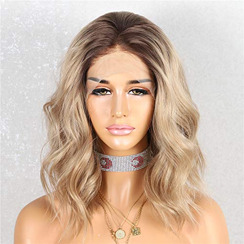 WIGODDESS Brown Lace Front Wig, Daily Makeup Party Wig Heat Resistant Hair 18 inch #8 Ombre Light Brown Short Wavy Curly Synthetic Lace Front Wig For Women
