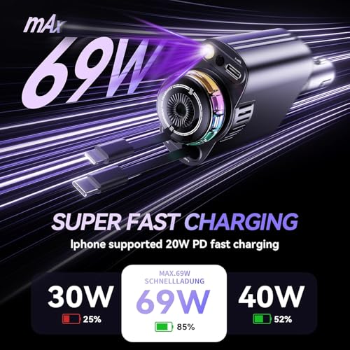 Image of Retractable Car Charger with Aromatherapy and Starlight, 5 in 1 USB C Car Charger Adapter, 69W Fast Charging Cars Phone Chargers, Cars Air Freshener Compatible with iPhone 17 16 15 14 13 and Android