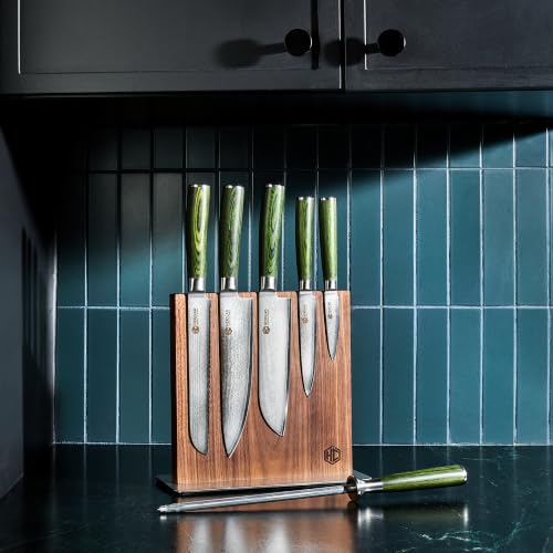 Image of HexClad Green 7 Piece Japanese Damascus Stainless Steel Blade Essential Knife Set with Magnetic Knife Block, Full Tang Construction, Pakkawood Handle
