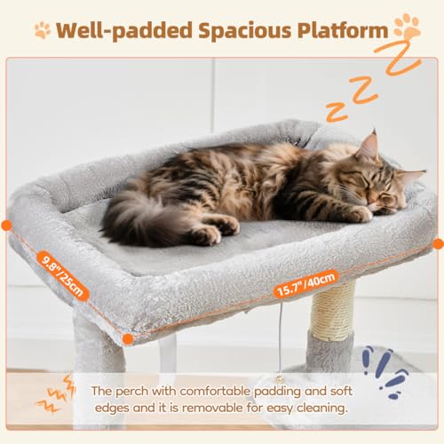Image of Taoqimiao Cat Tree, 38.5In Cat Tower for Indoor Cats, Suitable for Kittens | Thick Padded Top Perch, Luxurious Cat Condo, Adjustable Basket, 1-Piece Ramp Scratcher, 3 Sisal Posts, Light Gray, MS029SW