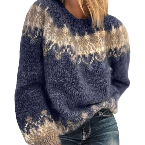 Pull Femme Norvégien d'hiver Chaud Chic Pull Over Tricoté Col Rond À Manches Longues Sweater Tops Motif Jacquard Tunique Grande Taille Pas Cher Décontractés...