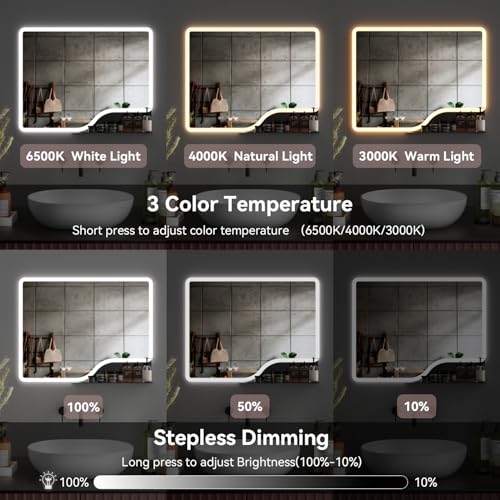 32"x 24" LED Bathroom Mirror with Shelf, 3 Colors Backlit Vanity Mirror with Lights, Wall-Mounted Bathroom Mirror with Lights, Smart Mirror with Anti-Fog, Stepless Dimmable, Memory (UL, ETL) - Image 3