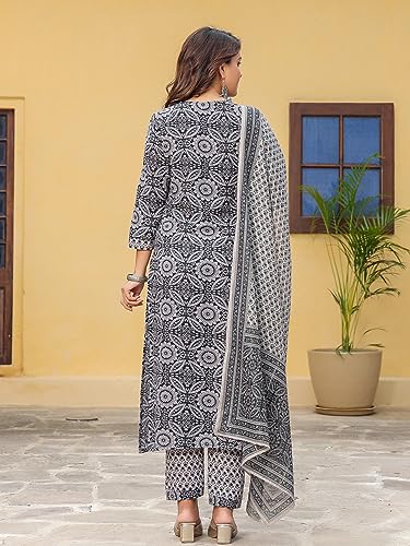 Image of GoSriKi Women's Cotton Blend Straight Printed Kurta with Pant & Dupatta