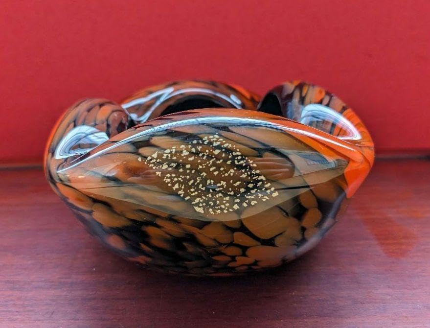 箔入り吹きガラス 灰皿 一点物 金箔 レトロ インテリア 花生 オレンジ