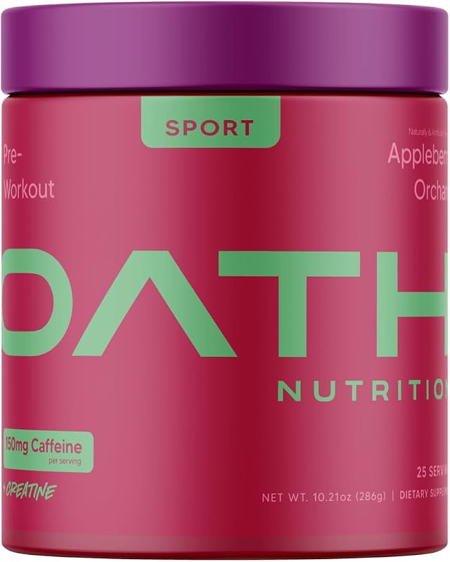 Oath Nutrition Sport Sugar Free Pre-Workout Powder, Appleberry Orchard, Contains Creatine Monohydrate, Caffeine and Beta Alanine, Pre Workout Powder for Women and Men, 25 Servings