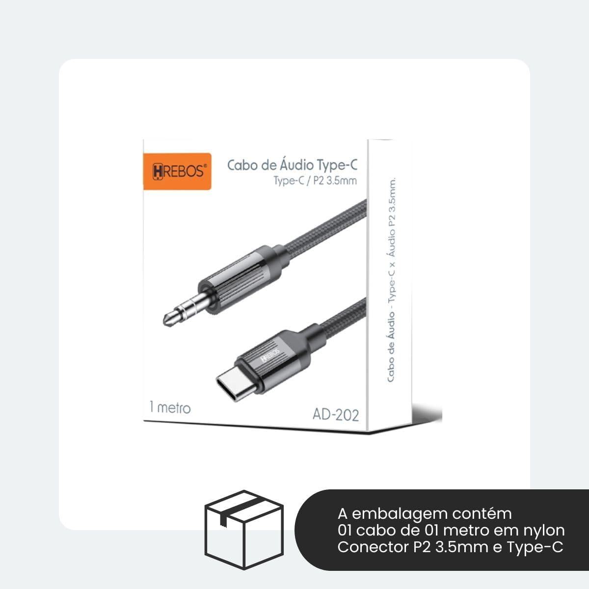 Cabo Adaptador Type-C para P2 3.5mm, 1 Metro, Reforçado com Nylon, Preto, AD-202