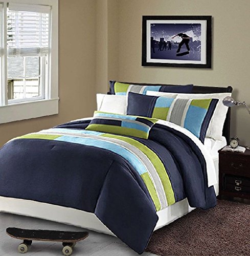 Modern Teen Bedding Boys Kids 3 Piece Comforter Set Navy Blue Teal Light Green Stripes Perfect for Home or Dorm. Includes Bonus Pocket Flashlight From Switchback Outdoor Gear (Twin/Twin XL)
