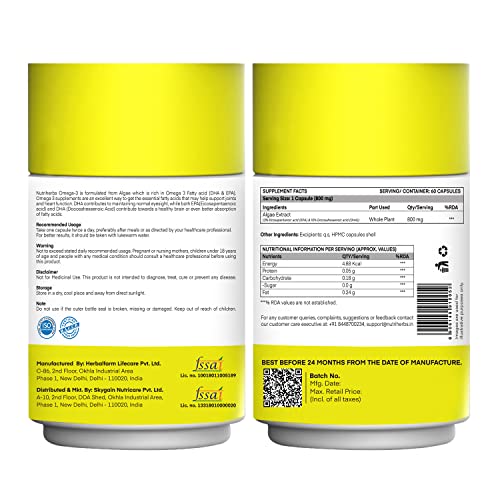 NUTRiHERBS Omega 3 Capsule with DHA Rich Algae Extract & EPA 800mg