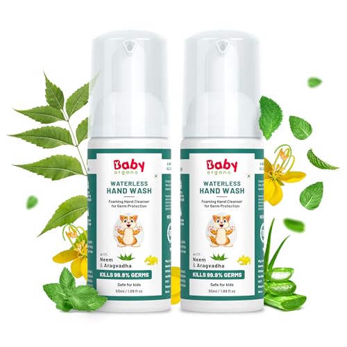 Image of BabyOrgano Waterless Foaming Hand Wash for Kids 0+ Years | Kills 99.9% Germs | No Rinse Needed | Neem, Tulsi & Aloe Vera | Alcohol Free | Paraben Free | FDCA Approved | 50ml (Pack of 2)