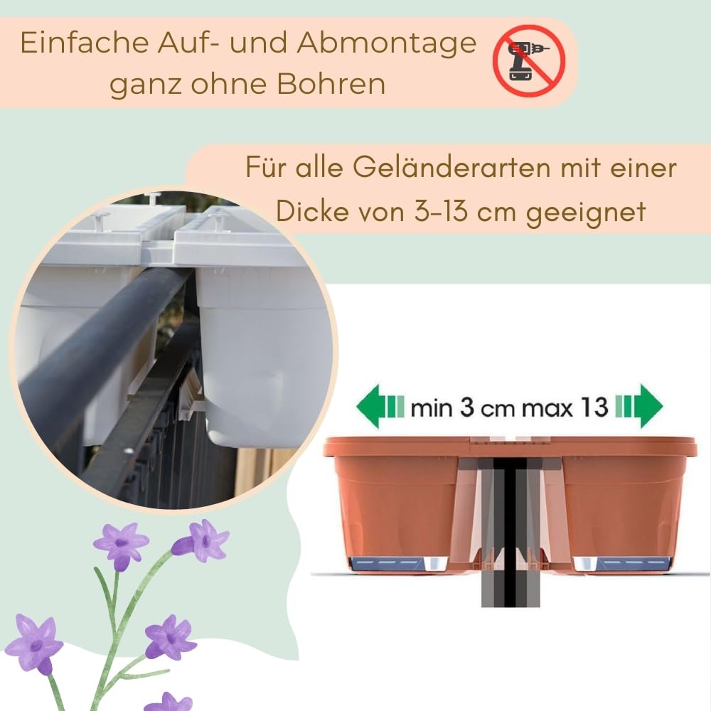 GarPet Blumenkasten Balkon Beidseitiger Balkonkasten mit Halterung Blumenkasten mit Wasserspeicher Pflanzkasten für Geländer Geländerkasten ohne Bohren Terracotta 50 cm