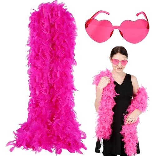 Federboa mit Brille Set in Pink, Burlesque Federstola mit Accessoire für Karneval, Halloween und 20er Jahre Partys(2m)