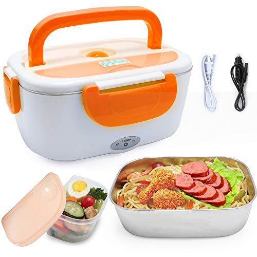 VECH Car Electric Heating Lunch Box 110V & 12V 40W 2 in1 Home Electric Thermal Lunch Box Food Heater Warmer, Stainless Steel Food Heater 1.5L for Heat Preservation, Office, School, Traveling (Orange)