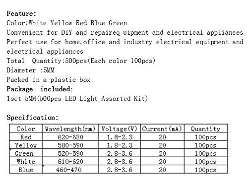 500 Pcs 5mm LED Light Emitting Diode Assortment Kit,Low Voltage Diffused Diode for DIY PCB Circuit,Indicator Lights