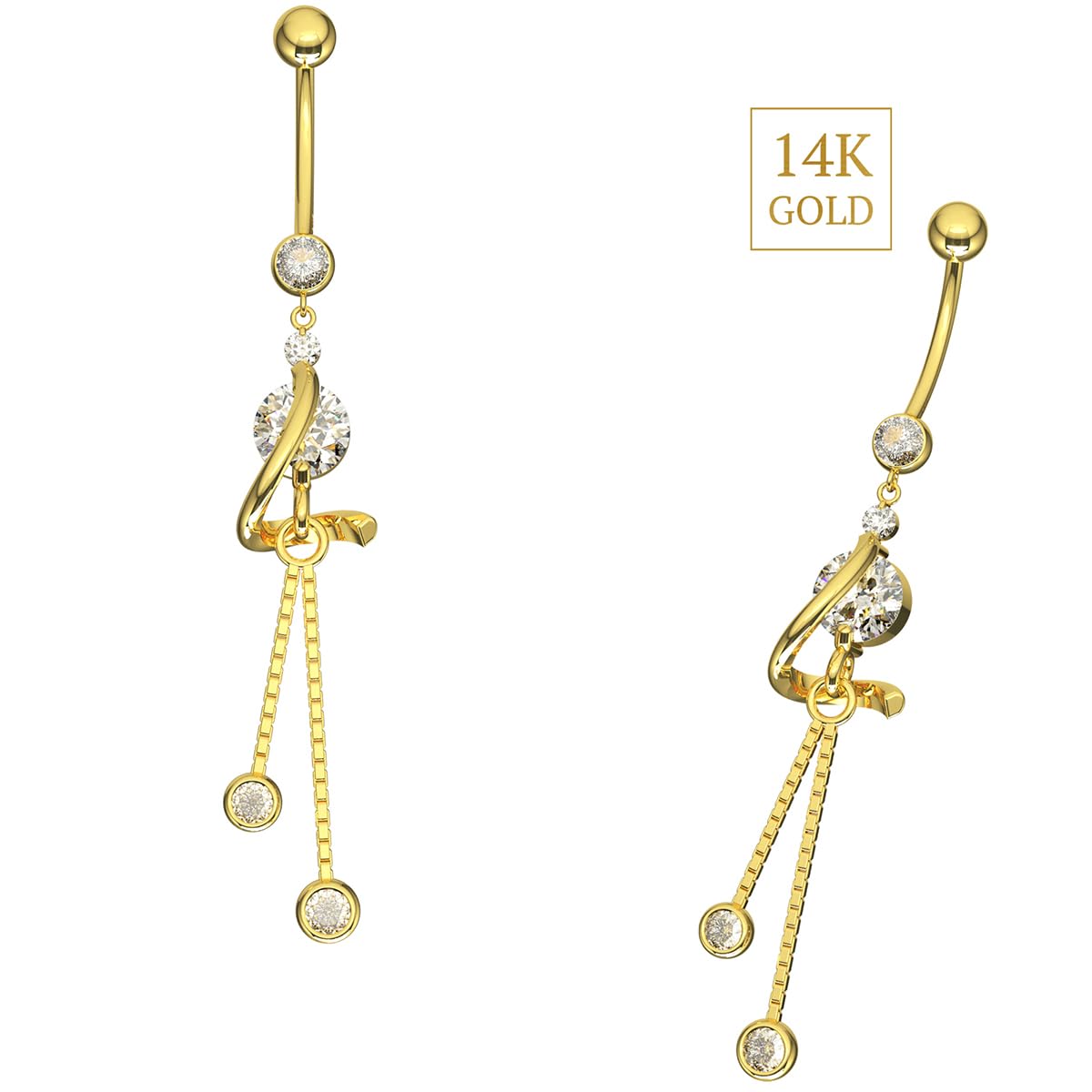 Piercing para el ombligo de oro amarillo macizo de 14 quilates con circonita cúbica y cadena italiana, joyería para ombligo de 14 quilates, calibre 14, 14 Gauge - 14mm Length, Circonia