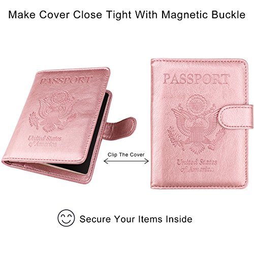 Image of WALNEW Passport Holder for Travel, RFID Passport Cover Wallet for Women Men, PU Leather Passport Book Card Holder Case with Pen (Buckle Closure, Buckle-Rosegold)