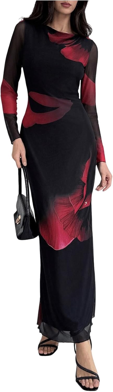 GORGLITTER Women's Mesh Long Sleeve Maxi Dress Floral Tie Dye Crewneck Bodycon Fall Cocktail Party Dresses