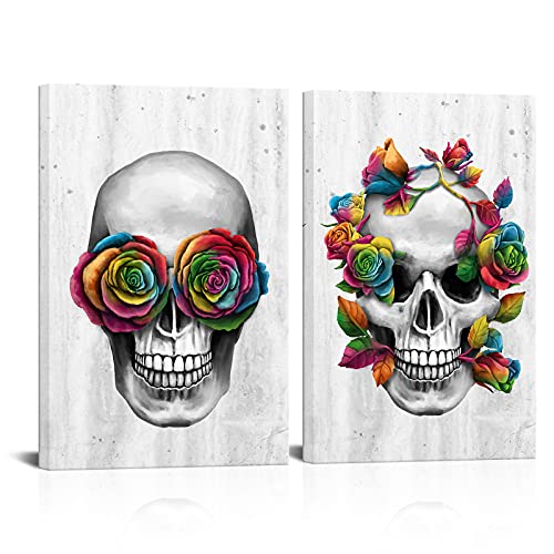 Klvos Skull Wall Art Modern Roses Flower Picture Prints On Canvas Abstract Skeleton Paintings Medical Giclee Print Art For Bedroom Hospital Medical Wall Decor 16X24Inchx2Pcs #TOP23