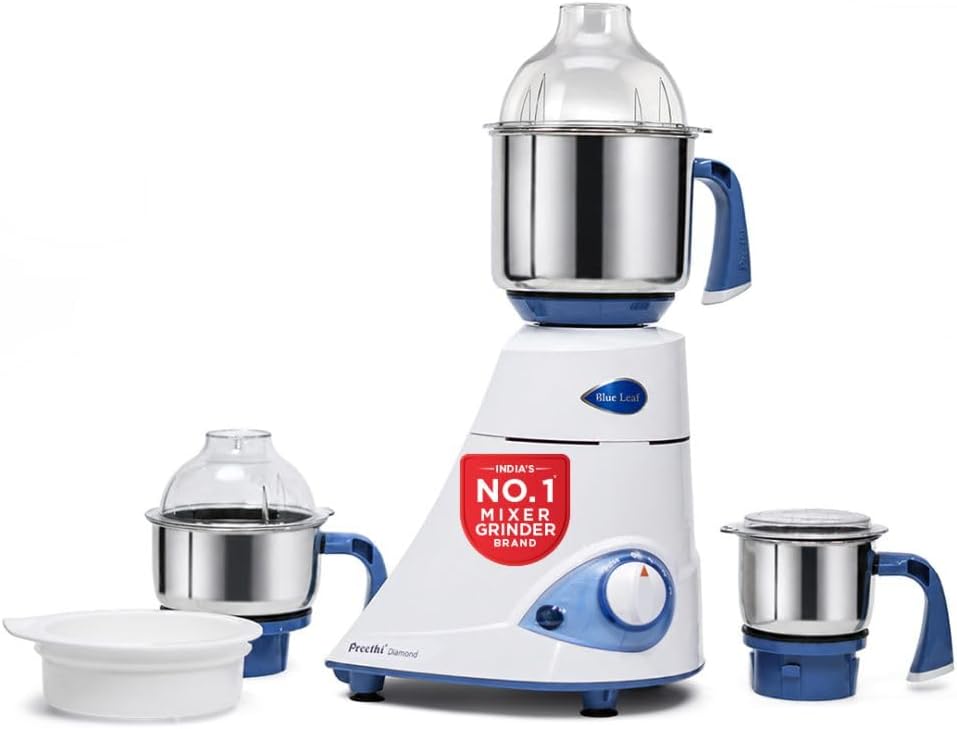 Preethi Blue Leaf Diamond MG-214 mixer grinder 750 watt (Blue/White) 3 jars & Flexi Lid, FBT motor with 2yr Guarantee & Lifelong Free Service