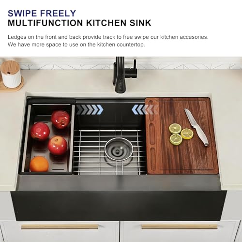 VAPSINT 33 Inch Black Farmhouse Kitchen Sink, 33x20x9 Inches Gunmetal Black Undermount Stainless Steel 16 Gauge Deep Single Bowl Apron Front Workstation Ledge Farm Sink with Accessories by VAPSINT - Used condition - Image 4