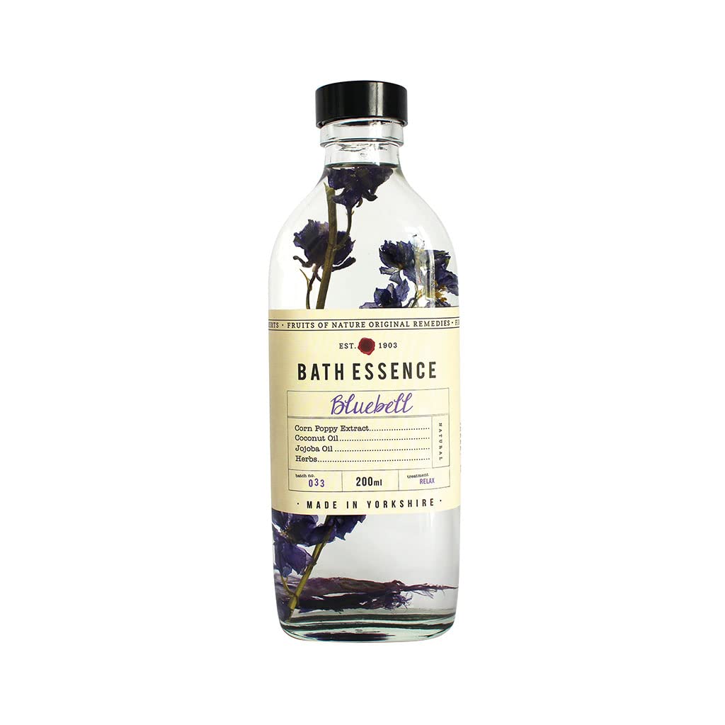 FIKKERTS Fruits of Nature Bluebell Soothing and Relaxing Bath Oil (200ml Glass Bottle) Vegan Plant Based with Jojoba Oil