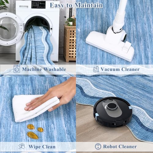 GarveeHome Washable Runner Rug 2x6 Kitchen Hallway Scalloped Rugs Non Skid Stain-Resistant Washable Modern Solid Soft Scalloped Entryway Carpet Runner for Bathroom Laundry Room Bedside(Blue,2x6)