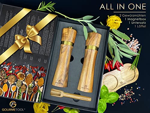 Foto von GOURMETOOL® Salz und Pfeffermühle Gross (21 cm) | Edle Gewürzmühlen aus Holz mit Gold inkl. Untersetzer & Löffel | Stufenloses Keramikmahlwerk | Geschenkidee