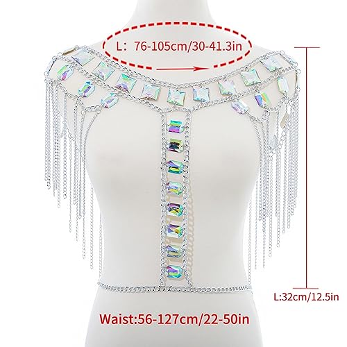 Aiosy Sparkly Rhinestone Body Chain Bra Silver Women Crystal Backless Tassel Chest Chains Bikini Halter Mesh Tops Layered Rave Outfits Jewelry Sexy Harness Body Accessories For Nightclub Festival Party Beach Belly Dance Costume（Only Bra） #TOP6