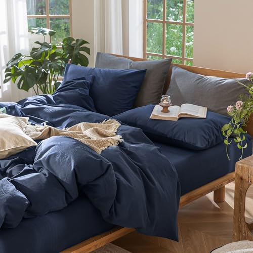 Image of MooMee Duvet Cover Set 100% Washed Cotton Linen Like Queen | Relaxed Linen-like Texture. Soft, Breathable & Long-lasting Comfort. Lightweight. Hidden Zipper with 8 Interior Corner Ties