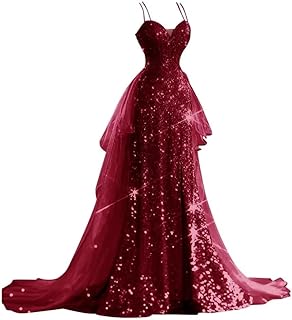 Sparkly Sequin Prom Dresses for Teens 2025 2 Piece Spaghetti Strap Princess Tulle Ball Gown for Women Wedding - Buy now