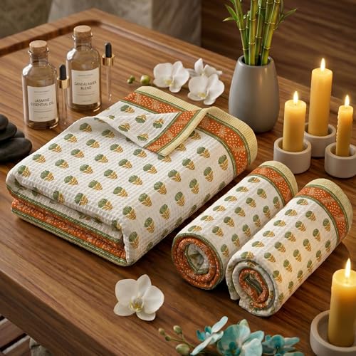 Image of Mafatlal Madhuban Premium Waffle Cotton Set (1 Bath 147x76 cm + 2 Hand 76x38 cm) | 250 GSM | Hand Printed Floral Craft | Rust