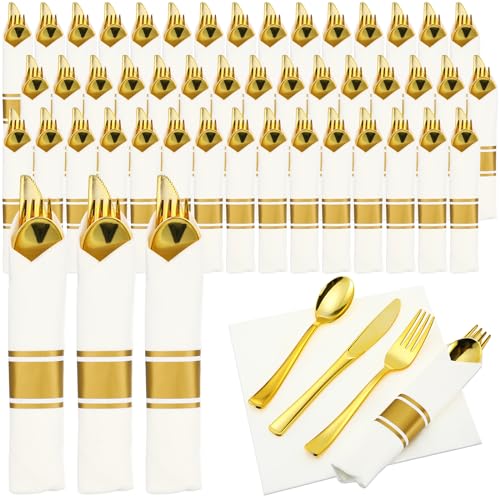 Zubebe 200 Pack Pre Wrapped Silverware Set Prerolled Napkin Cutlery Set Disposable Plastic Silverware, Including 200 Forks, 200 Knives, 200 Spoons, for Wedding Parties Holiday Guests (Gold)