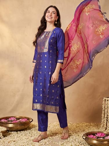 Image of INDO ERA Women's Straight Silk Blend Ethnic Motifs Printed Kurta & Pant With Dupatta Set (IESTR10385)