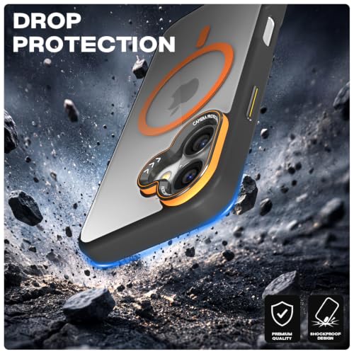 Image of Pikkme Back Cover for iPhone 16 Plus | Shockproof | Mag-Safe Compatible | Hard Transparent Back | Premium Raised Camera Protection | Bumper Case (Black & Orange Mag-Safe)
