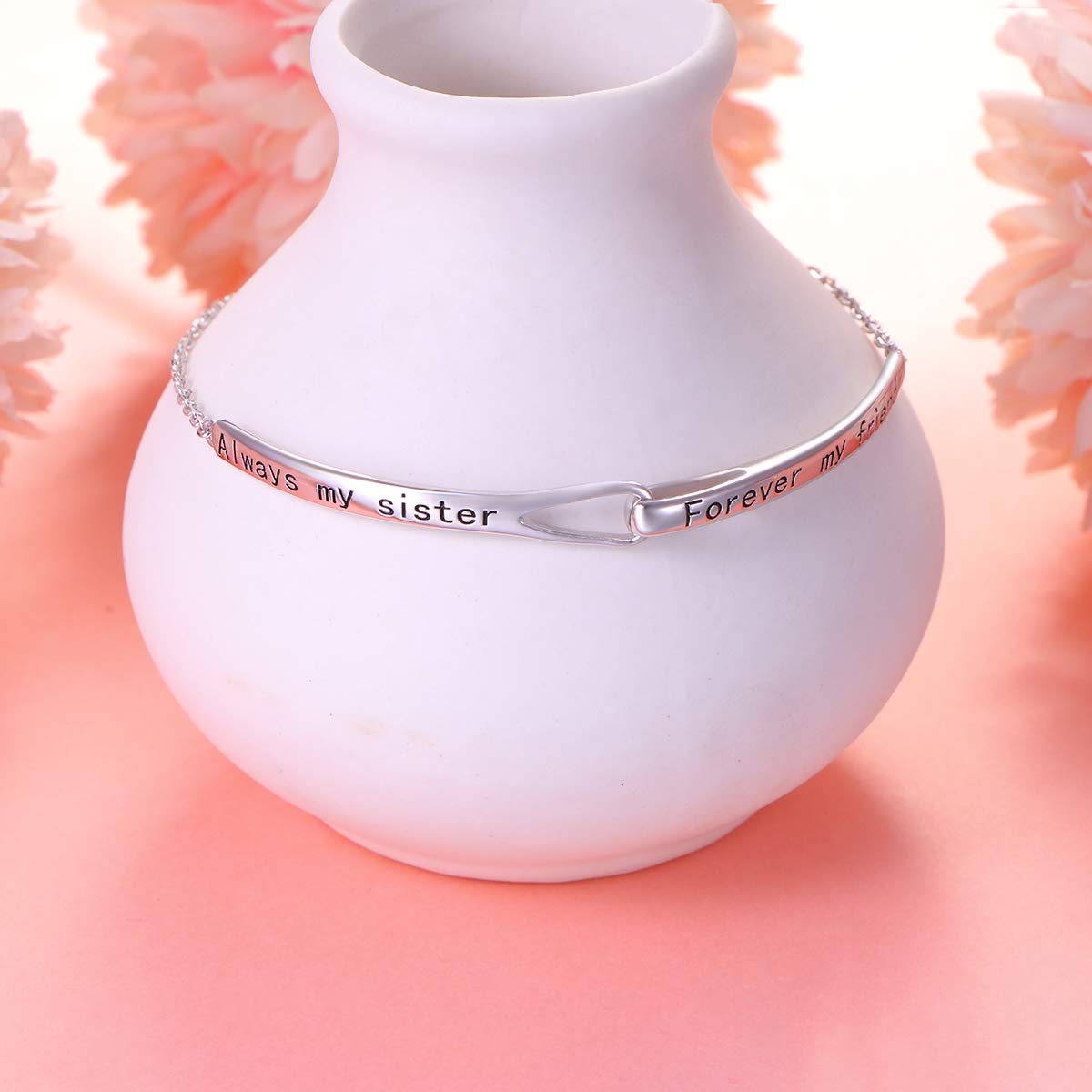 Flyow 925 Sterling Silber Unendliches Inspirierendes Armband mit Botschaft Always My Sister, Forever My Friend, Einstellbare Schwestern Armbänder Freundschaftsschmuck für Schwester Damen Mädchen