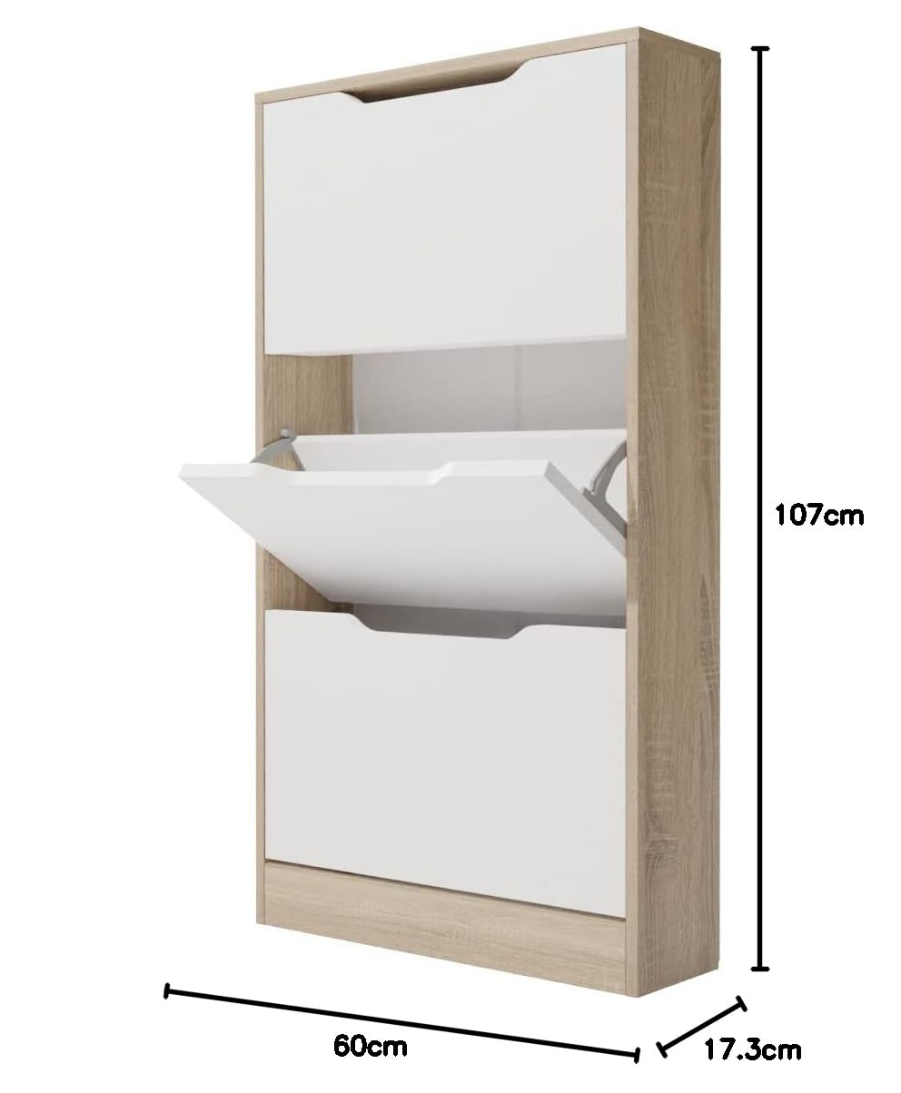 Duérmete Online - Mueble Zapatero con 3 Puertas, Estrecho, Modelo Ayen, Acabado en Color Cambria y Blanco, Medidas: 107 cm (Alto) x 60 cm (Ancho) x 17,3 cm (Fondo) Práctico y Funcional