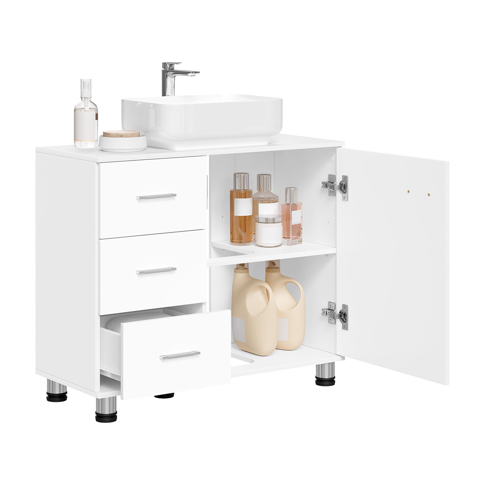 EUGAD Armario de Baño, Mueble Auxiliar Baño con 3 Cajones, Mueble Bajo Lavabo, Estante Ajustable, Blanco, 5 Patas Robustas, 70x60x30 cm
