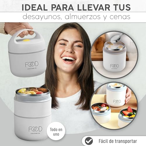 Miniatura 3 de Lonchera Semi Termo Para Dos Comida 660 Ml Blanca . Recipiente Semi Térmico Adecuada Para Llevar Comidas Sin Bpa Con Bolsa Aislante De Transporte Para La Comida Del Niño O Adulto.