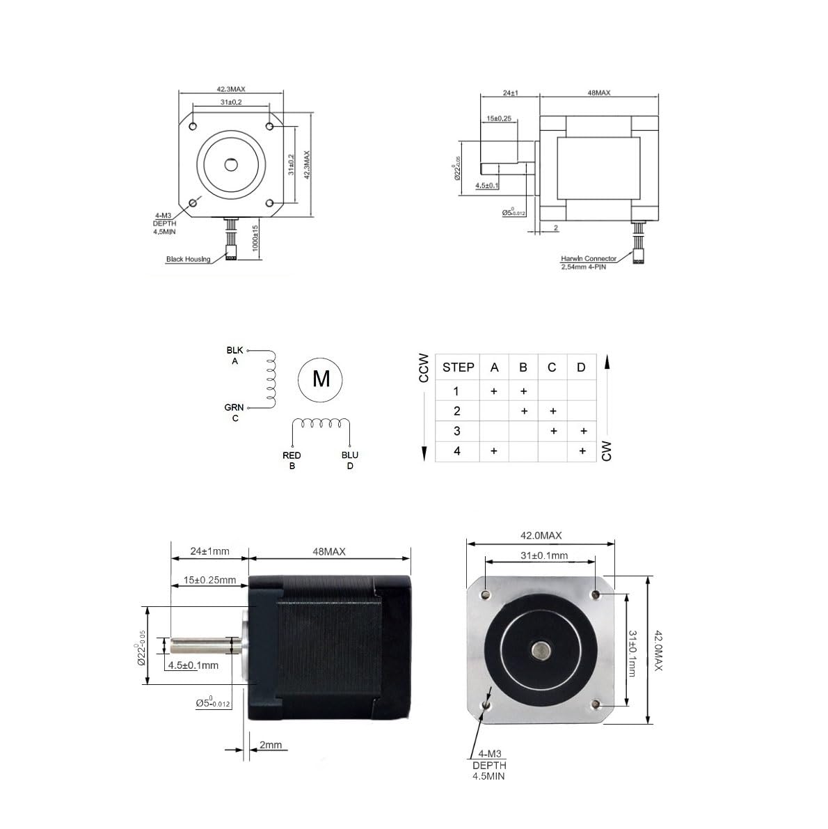 1 pz. Motore passo-passo Nema 17 da 1,8 gradi, 59 N.cm, 84 oz.in, 2 A, 42 x 42 x 48 mm, 17HS19-2004S1, albero motore passo-passo con diametro di 5 mm. Driver per macchine