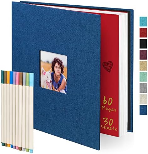 Self-adhesive Photo Album Scrapbook 60 Sticky Pages(11x10.6inch) Blue Linen for All Size Pictures,With 10 Metallic Pen, for Halloween Honeymoon Wedding Anniversary Graduation Vacation Pet Couple