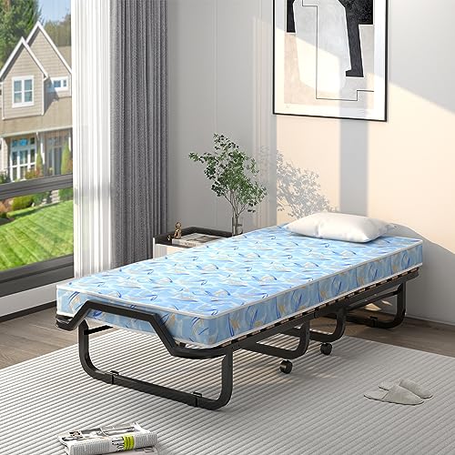 GIANTEX Klappbett 90x200 cm Erwachsene, Gästebett klappbar, Reisebett mit Matratze, klappbares Bett mit 4 Rollen, Einzelbett mit Lattenrost, Faltbett Metallbett Metallrahmen bis 120 kg belastbar