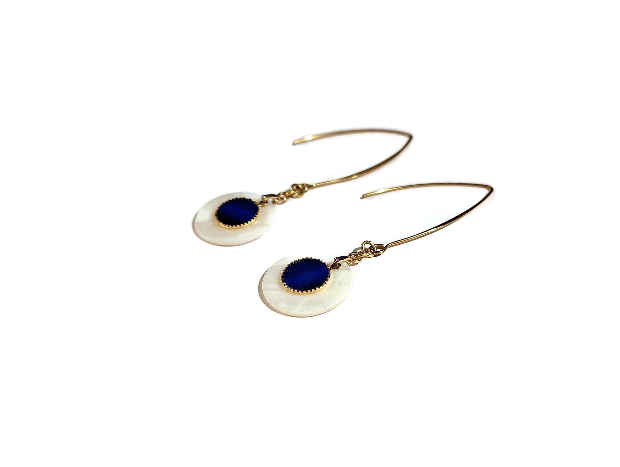 Orecchini in madreperla resina ottone oro 24 carati blu bianco