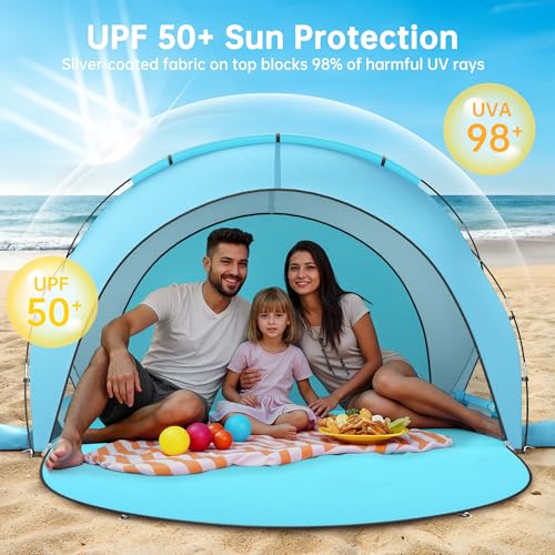 Image of Raynesys Beach Tent Sun Shelter, Beach Shade Tent with UPF50+ UV Protection, Sun Shelter for 1-3 Person, Beaches Shade with 2 Zippered Doors, Portable Tents for Camping Fishing, Light Blue