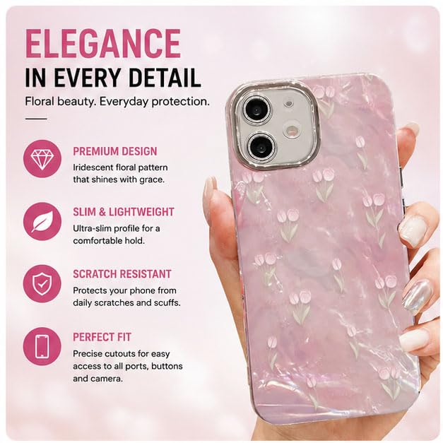 Image of mobistyle Designed for iPhone 11 | Camera Lens Protection |Tulip Flower Pattern Print Design TPU+PC for Women Teen Girls Phone Back Cover Case (Tulip Pink)