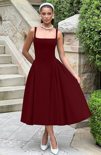 Image of Memoriesea Women's Elegant Square Neck Swing A Line Wedding Evening Party Midi Dress