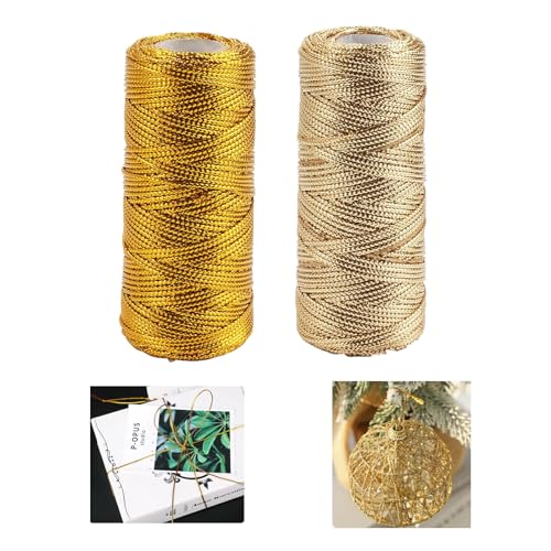 2 Pieces Decorative Metallic String 100M Gold Twine String 1.5MM Gold Thread Wrapping Twine Gold String for Baubles for DIY Crafts Hanging Christmas Ornaments Wedding Favors (Gold Rose Gold)