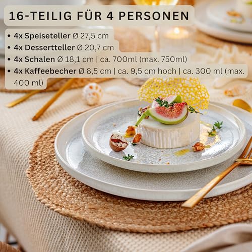 SÄNGER | Geschirrset Korfu 16 tlg, Tafelservice 4 Personen, Steingut Geschirr Handmade, Set inkl. Essteller Dessertteller Tiefe Teller Kaffeebecher, Essgeschirr Creme Farben mit Sandiger Maserung